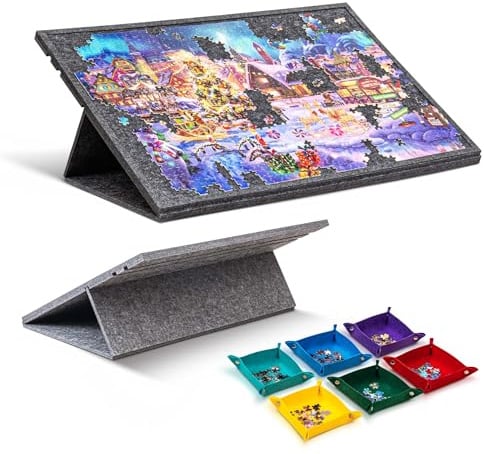 Jigpal 1000 Piece Tilting Puzzle Board with 2-in-1 Stand & Cover, Adjustable Felt Mat Boards with 6 Colored Sorting Trays, Lightweight Portable Jigsaw Puzzle Table with Non-Slip Surface for Adult