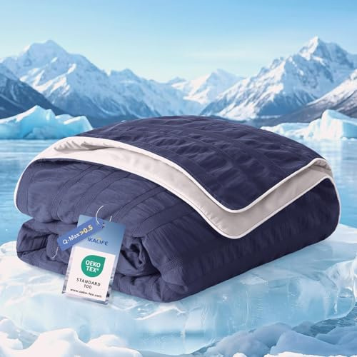 IKALIFE Kühldecke Bett für Menschen - Q-Max>0,5 Kühlende Decke Leichte Sommerdecke Kühlend Cooling Blanket Eisdecke zum Schlafen Kältedecke für Sommer Sleeping 150x200 cm Marineblau
