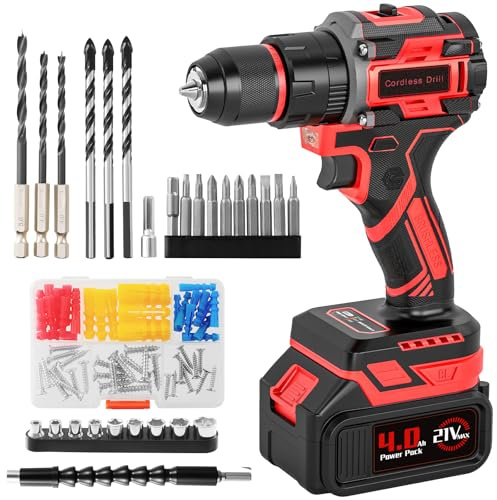 Brushless Cordless Hammer Drill Set with 4.0Ah Large Battery, 21V Impact Drill Driver and Screwdriver Set, 25+3, 10mm Heavy Duty Chuck, 2 Speed 87 Accessories Power Combi Battery Drill kit for DIY