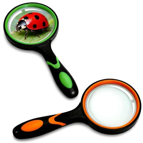 2-Teiliges Set Lupe 75mm Kinder, 10-fache Vergrößerung mit Bruchsicheren Linsen, Echtglas-Lupe Weicher Antirutsch-Griff für Senioren, Ideal für Bücher, Insekten, Briefmarken & Hobbys