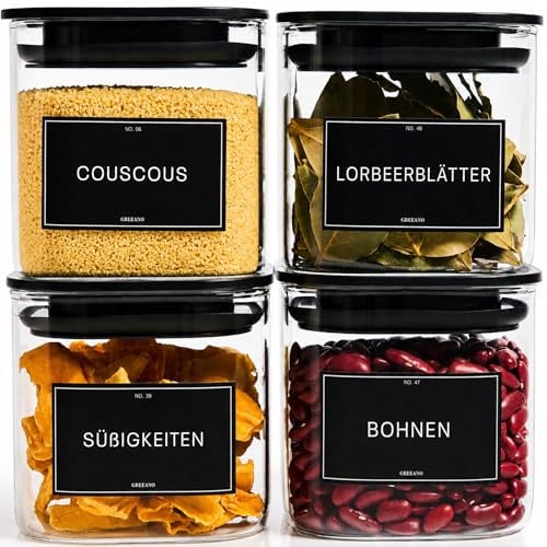 Greeano Vorratsgläser eckig mit Deckel 700ml [4er Set] | luftdicht & mottensicher | Vorratsdosen Glas | Aufbewahrungsgläser Küche für Lebensmittel, Nudeln, Mehl, Müsli, Reis uvm