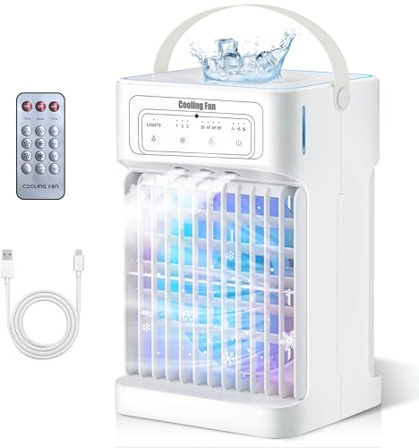 Portable Air Conditioner Cooling Fan, 1100ML Air Conditioning Unit with 3 Wind Speeds, Personal Air Cooler Fan with 7 LED Light, 2-8 Adjustable Timer, 3 Cool Mist Modes Ice Fan for Bedroom Car Office