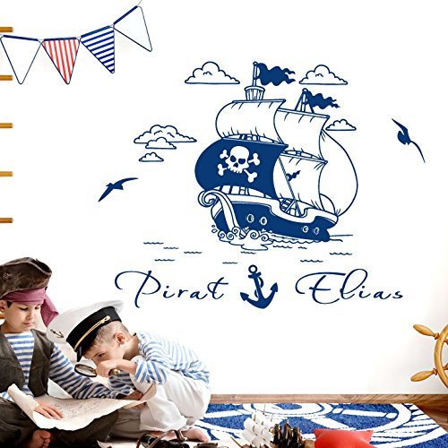 Grandora Wandtattoo Piratenschiff Anker + Wunschname I grasgrün (BxH) 79 x 47 cm I Schiff Kinderzimmer Sticker Aufkleber Wandsticker Wandaufkleber Pirat W5505