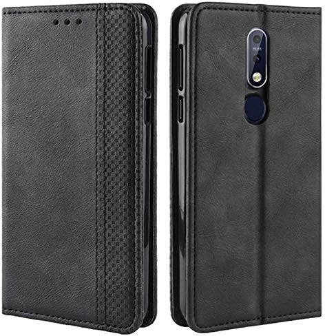 HualuBro Handyhülle für Nokia 7.1 Hülle, Retro Leder Brieftasche Tasche Schutzhülle Handytasche LederHülle Flip Case Cover für Nokia 7.1 - Schwarz