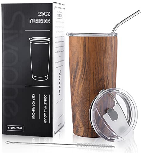 Sivaphe 20 oz Tumbler with Lid and Straw Stainless Steel Travel Coffee Mug Power Coated Thermal Cup for Men and Women Wood Grain
