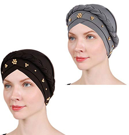 1 Packung / 2 Packungen / 4 Packungen Frauen Turban Twisted Beaded Braid Chemical Cancer Kopftuch Cap Hair Covered Wrap Hat, 2 Stück - Schwarz + Grau, Einheitsgröße