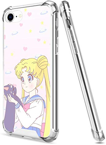 Anime Manga Character Clear Case for iPhone SE 2020 iPhone 7 iPhone 8 4.7 Inch Shockproof Anti AL Hard PC + TPU Bumper Protective (Sailor-Moon and Cat Luna)