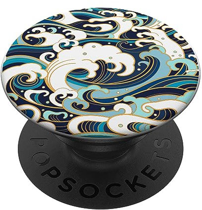 PopSockets Japanese Art Ocean Getaway Wave Surfing Blue Geometric Ocean PopSockets PopGrip: Swappable Grip for Phones & Tablets