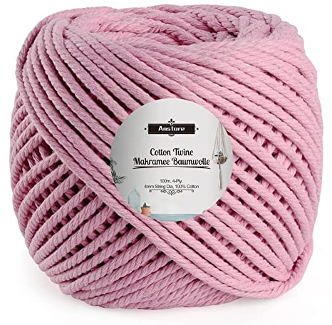 Anstore Rosa Makramee Garn 4mmx100m Makramee-Schnur Baumwollgarn Hochzeit Baumwollkordel Makramee Natürliche Baumwollschnur für DIY Handwerk, Makramee Kunst, Gartenschnur, Geschenke Verpacken