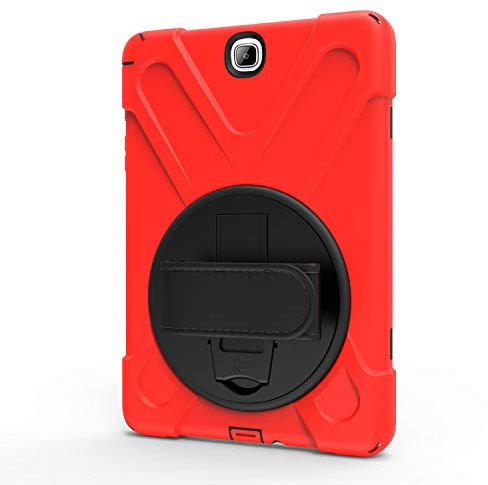 Chstls Funda para Samsung Galaxy Tab A 9.7 Resistente 3 Capa Híbrido Protectora Cubierta con Incorporado Kickstand/Correa para el Hombro+Correa de Mano - Rojo