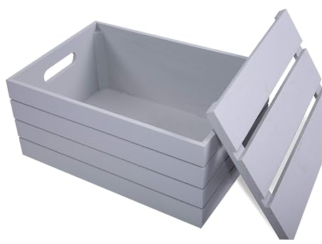 green leaves Wooden Crate with Detachable Lid Storage Box Gift Hamper Retail Display Shelve Box (Grey, Small)