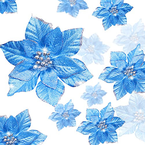 WILLBOND 24 Stück 3 Größen Glitzer Weihnachtsblumen Künstliche Weihnachtsstern Blumen Weihnachtsbaum Blumenschmuck Ornamente für Weihnachtsbaum Neujahr Hochzeit (3,2/4/6 Zoll, Blau)