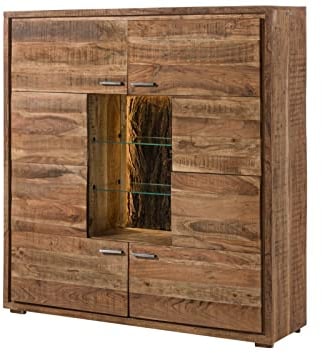 MASSIVMOEBEL24.DE Bark Highboard Massivholz by WOLFMÖBEL, mit LED-Beleuchtung, echte Baumrinde der Akazie, 4 Türen, rustikales Akazienholz, Wohnzimmer Schrank Naturholz lackiert
