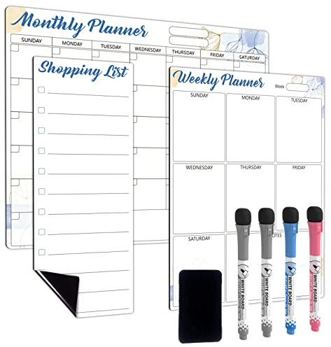 Magnetic Calendar for Fridge, Easy Clean Monthly Weekly Whiteboard Planner & Shopping List for Home Kitchen, Refrigerator Dry Erase White Board Sheet with 4 Marker Pens & 1 Eraser