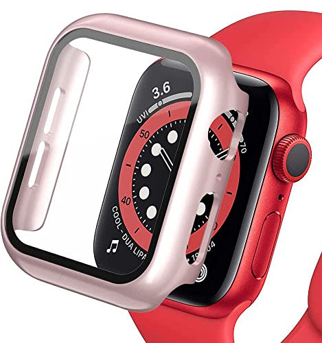 Compatible para Apple Watch 6 SE 5 4 44mm Estuche con Protector de Pantalla de Vidrio Templado Incorporado, Case Ultradelgado Protección Completo HD Protección Carcasa para iWatch 44mm,Rosa Brillante