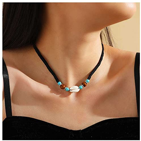 Dervivea Bohemia Shell Choker Necklace Turquoise Beaded Choker Necklace Cowrie Shell Braided Clavicle Necklace Black Woven Rope Necklace Chain Jewelry for Women and Girls