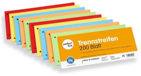 perfect line 200 Trennstreifen für Ordner A4, Trennblätter aus Recycling-Karton, MADE IN GERMANY, 5 Farben, gelocht