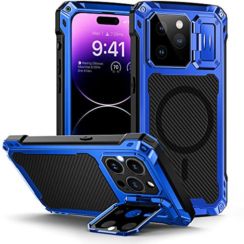Lanhiem for iPhone 14 Pro Max Case, [Tempered Glass Screen Protector][Camera Kickstand] Heavy Duty Shockproof Cover for 14 Pro Max Metal Tough Case, Full Protective Case for iPhone 14 Pro Max (Blue)