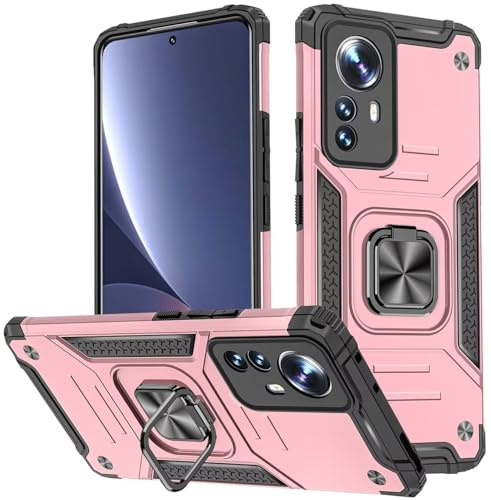 KANSi Hülle für Xiaomi 12 Pro, Silikon TPU Hart PC HandyHüllen 360 Grad Drehbar Ringhalter Bumper Stoßdämpfung Schutzhülle - Rosé Gold