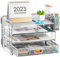 Marbrasse Schreibtisch Organizer-Tablett,4-Stöckig Papier Briefablage Organizer mit Schublade,2 Stifthalter,Netz-Schreibtisch-Organizer für Zuhause Bürobedarf(Silber)