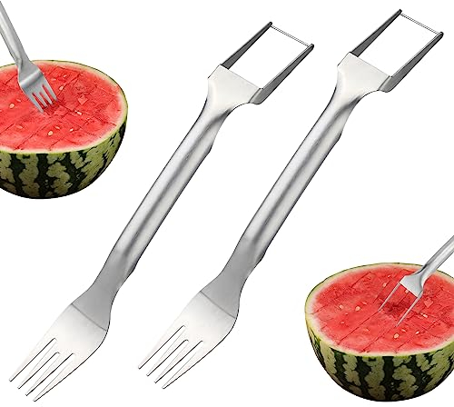 2 Piezas Tenedor Rebanador de Sandía, Cortador de Rebanador de Sandía de Acero Inoxidable Cortador de Tenedor de Sandía 2 en 1 de Verano Herramienta de Tenedor de Corte de Fruta