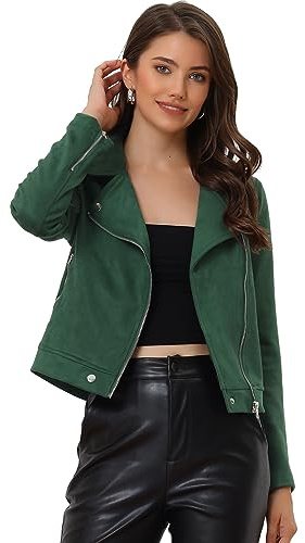 Allegra K Veste courte pour femme en simili daim avec fermeture éclair, veste de motarde avec poches, vert foncé, M