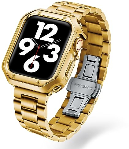 BINLUN Métal Bracelets Compatible avec Apple Watch 45mm-44mm-42mm Bracelet en Acier Inoxydable et Boîtier pour Apple Watch Coque en TPU et Bracelet pour iWatch - Femme Homme(Doré)