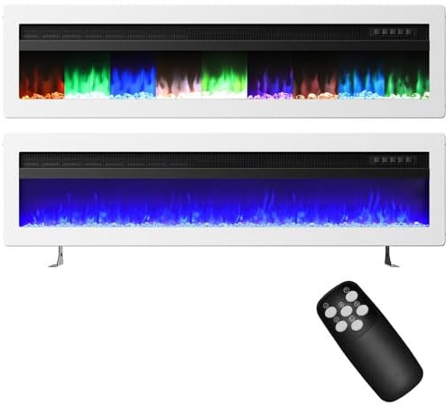FIDOOVIVIA 60/152cm Electric Fireplace Recessed Media Wall Inset, Electric Wall Mount Fireplace Free Standing with 9 LED Colour Flame Effect & 5 Brightness, 900W/1800W Heater, Remote Control, White