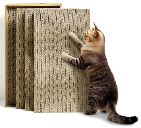 Navaris Set de rascadores para Gato - Juego 4X Accesorio afilador de uñas para Gatos - Rascador de cartón Corrugado con Forma Ondulada y Lisa - Arañador con Caja de 45 x 24,5 cm