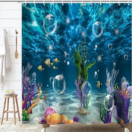 Jemsia Rideau de douche imperméable pour salle de bain avec ourlet lesté et 12 crochets en polyester lavable pour salle de bain, baignoire, spa, bulles bleues, vie marine, mer profonde