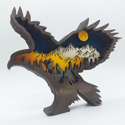 Drawelry 3D Holz Tiere Schnitzerei Skulpturen Ornament, Mehrschichtig Holz Synthese Wald Tier Gravur Regal Statuen Handwerk für Home Büro Desktop Weihnachten Neujahr Festival Dekor (Adler)