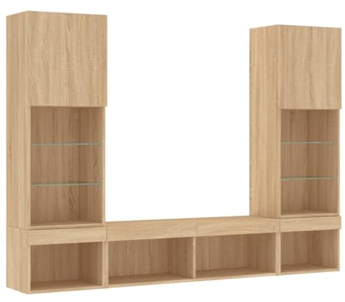 vidaXL Wohnwand 5-TLG., Schrankwand mit viel Stauraum, Anbauwand mit LED-Beleuchtung, Wandmontage Fernsehschrank Wohnzimmer Set, Sonoma-Eiche Holzwerkstoff
