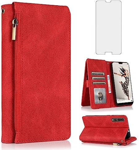 Funda tipo cartera compatible con Huawei P20 Pro, protector de pantalla de vidrio templado, cierre de cremallera, correa de muñeca de piel retro, tarjetero, soporte para celular, accesorios para