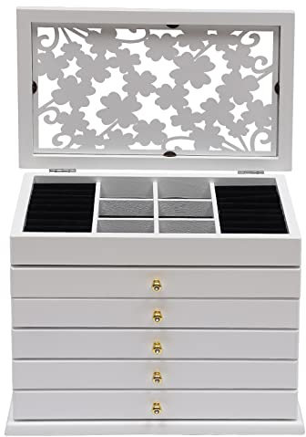 WooDerson Schmuckkasten Mit 5 Schubladen Schmuckkoffer Holz, Geschnitztes Design, Innenfutter Samtstoff, Rechteckig, Schmuckbox Für Uhren Halsketten Ohrringe, 31X20X24,5cm (weiß)