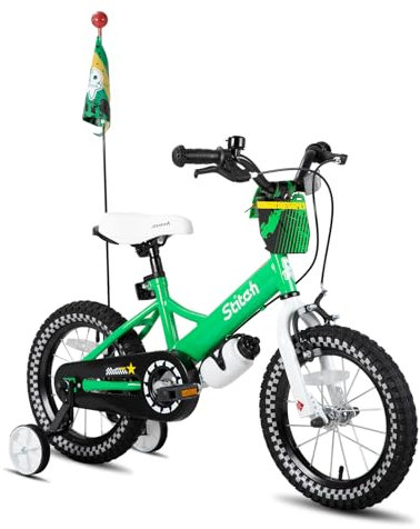 STITCH Little Rock 14 Zoll Kinderfahrrad für 3-5 Jahre Kinder Fahrrad, Jungen Fahrrad mit Stützrädern mit Korb & Bike Streamers,Grün