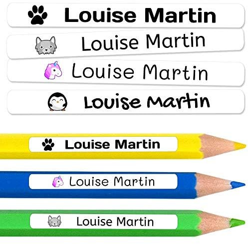 100 étiquettes adhésives personnalisées pour crayons, stylos et marqueurs. Autocollants scolaires avec nom pour marquer les objets. Stickers imperméables pour l'école. Mesure 4,6 x 0,6 cm