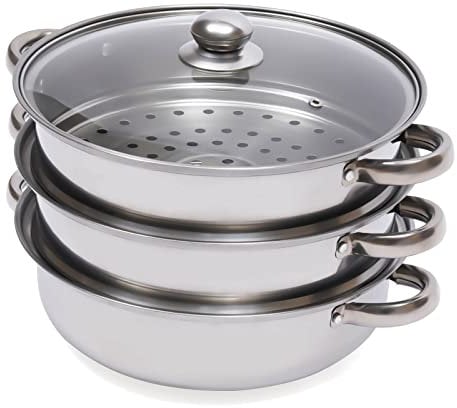 28cm Stainless Steel 3 Tier Steamer Pot with Vented Glass Lid, Induction Hob Compatible, Multi-Layer Steamer, Oven Safe Cookware Set for Gas and Electric Stoves