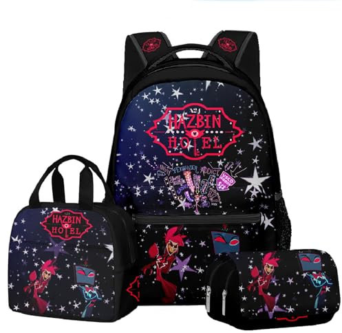 TJOS Hazbin Hotel bedrucktes Anime-Rucksack-Set, leicht, atmungsaktiv, Schultasche für Jungen und Mädchen, Rucksäcke mit großer Kapazität (Farbe 15), Farbe: 15, Taschen-Set