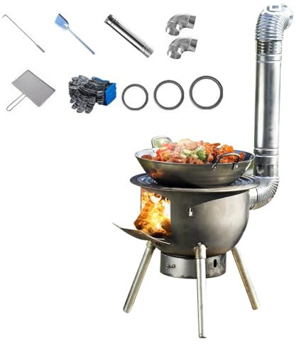 YJKKZQLB Holzofen zum Kochen im Freien, Camping-Holzofen, Abnehmbarer Brennholzofen mit Kaminrohren, mobiler Holzofen, robuster Raketenofen, Campingheizung für drinnen und draußen (48 cm)