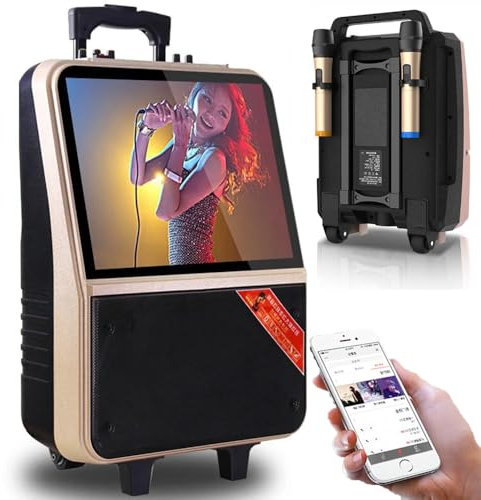 Outdoor Cart Speaker(15 Inch LED Screen) - Supports WiFi/Bluetooth, Karaoke Machine + 2*Wireless Microphone, Can Be Connected to 12v/Mobile Phone Wireless Screen