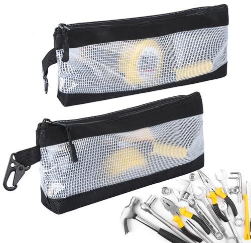FRETONBA 2Pcs Small Tool Pouch Portable, Waterproof Oxford Fabric Tool Bags, Multi Function Tools Belt Pouch with Mesh Window, Heavy Duty Mini Zip Bag Organizer for Electricians, Technicians, White