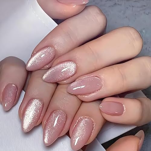 Flash Cat Eye Press-On Nails in Almond Shape - 24Pcs Pink Glitter False Nails with Gradient Glossy Finish and Strong Hold, Full Cover Design.