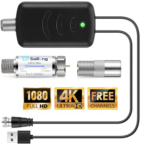 Saillong TV Antenna Amplifier with LTE Filter Kit, Antenna Signal Booster for TV Indoor, Low Noise/Clears Up Pixelated Amplifier, High Gain Signal Booster, USB Powered