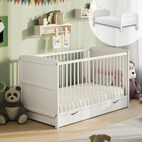 Kids Collective Babybett 70x140 mit Schublade Gitterbett Kinderbett höhenverstellbar & herausnehmbare Sprossen weitere Größen 60x120cm | 70x140cm von Geburt bis 6 Lebensjahr Weiß