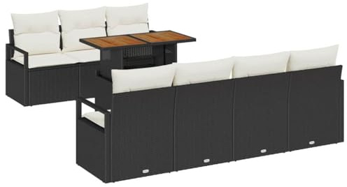 vidaXL 8-teiliges Garten-Sofa-Set mit Kissen, schwarz, aus Poly-Rattan und Akazie, für 6 Personen, Outdoor-Möbel für Terrasse, Garten, Lounge, Balkon, modular, Tisch, Rasen, Veranda