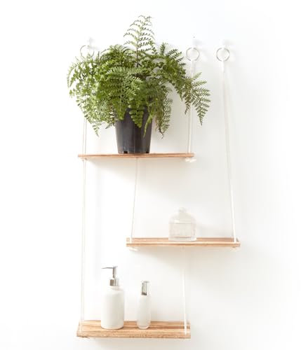 3 Tier Hanging Floating Shelves Wooden Wall Mounted Storage Shelf with String Rope Boho Wall Decor Rustic Display Shelving for Hanging Plants Photos for Kitchen Bathroom Bedroom Nursery