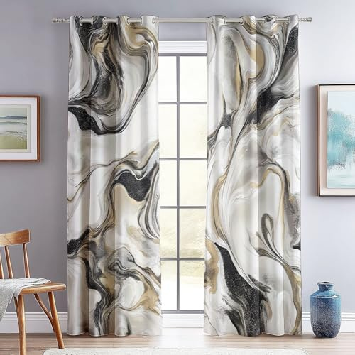 Sonnenschutz gardinen Marmor, fließende Kunst, Heller Luxus-Stil mit Ösen Thermovorhänge Vorhänge für Wohnzimmer H166 x B75 cm (2er Pack) Blickdichte Gardinen Dicke Thermogardine Kälteschutz Weißgold