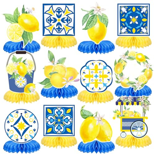 Capri-Zitronenblau-gelbe Fliesen, Waben-Mittelstücke, Dekorationen, mediterrane Amalfiküste, Tafelaufsätze für Zitronen-Geburtstagsparty, italienische Sommerhochzeit, Geburtstag, Brautparty