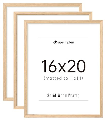 upsimples 16x20 Frames Set of 3, Natural Solid Wooden Picture Frames, Display 11x14 with Mat or 16 x 20 Without for Vertical or Horizontal Wall Hanging
