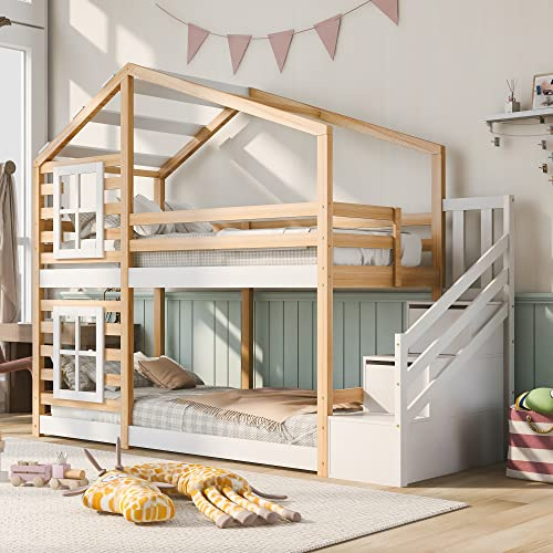 Kelodan Kinderbett Hochbett 90x200cm Baumhaus mit Schublade und Rausfallschutz – 2X Lattenrost- Natur & Weiß